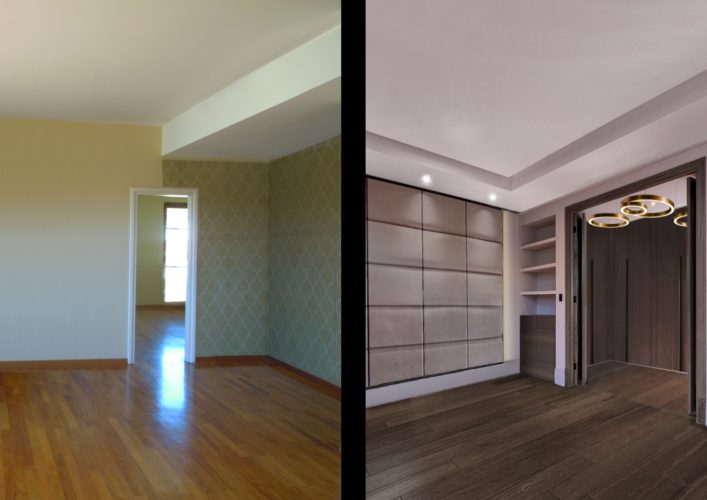 foto sinottica della camera da letto prima e dopo il nostro intervento progettuale