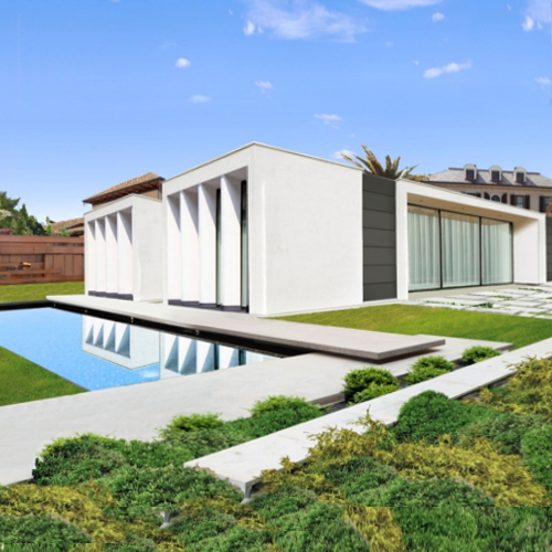 la casa dallo stile contemporaneo con una piscina e un giardino moderno