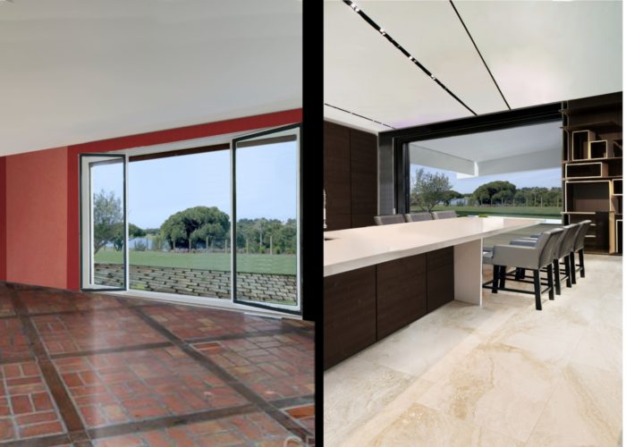 a destra il progetto della nuova cucina e a sinistra lo stato di fattodella stanza con pareti a righe rosso chiaro e scuro e pavimentazioni in mattonelle effetto cotto e legno
