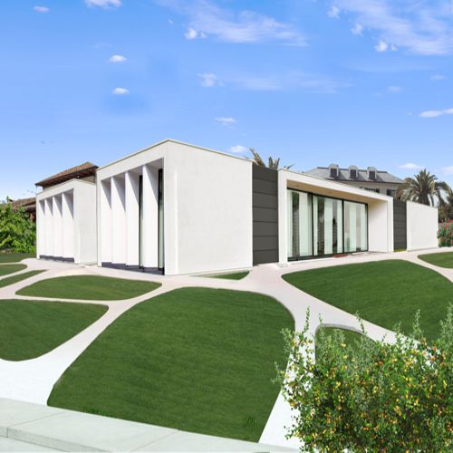 casa in stile miminalista a forma di rettangolo ad un piano inserita in un giardino con camminamenti e sentieri dalel forme organiche
