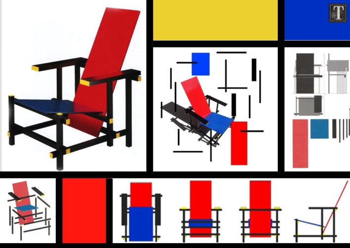 la sedia rosso blu di Gerrit Rietveld: foto, progetto e scomposizione assonometrica