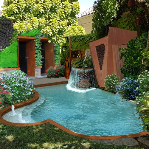 piscina inserita nel giardino con forme morbide e naturali
